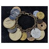 Foreign Coin Charm Bracelet, 6in Long
