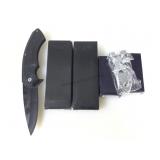 2 Black pocket knives & sword, wall hooks