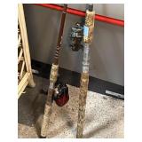 2 fishing poles w/reels, approx 8ft tallest one