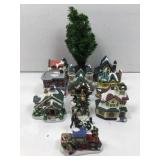 Ceramic holiday village figures and small fiber