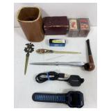 Estate pipe, card puzzles, letter openers, Garmin