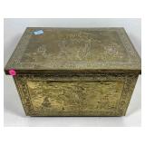 Vtg brass kindling coal box w/wood frame,