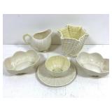 Belleek, shell vase, creamer, cup/saucer & bowls
