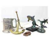 Whale & Dolphin figures statues & anchor, brass,