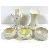 Belleek, vases & bowl w/shamrocks & more