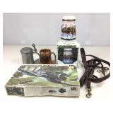 Mug stein cups, leather strap and more.