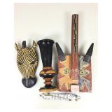 Wood carved, polished vase, Zebra pens, mask and