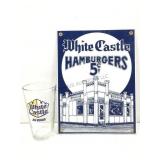 White Castle metal sign & glass tumbler, Las