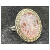 Sterling Ring W/reversed Carved Crystal Cameo,