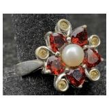 Sterling Silver Ring W/garnet, Pearl & More, Tw