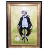 Oil Painting of a ï¿½Hoboï¿½ type Clown on a unicycle