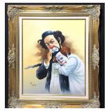 Oil painting of two clowns consoling each other.