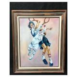 Painting titled two clowns playing tennis...Not