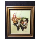 Oil painting of two clowns, one happy on a swing