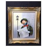 Oil painting of a clown standing by a lamp post