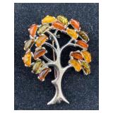 Sterling silver amber tree broach, tw 6.9g, sz