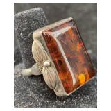 Sterling Silver Ring W/amber, Tw 11.4g, Sz 8