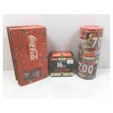 Coca-Cola sealed tins w/puzzles, Christmas light