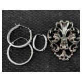 Sterling Silver Brooch & Earrings, Tw 25.3g, Sz