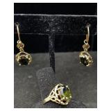 14k Gold Ring & Earrings W/peridot, Tw 7.6g, Sz 8