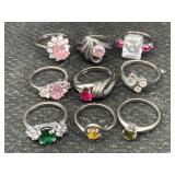 9 Sterling Silver Rings W/stones, Tw 29.6g, Sz 6,