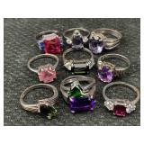 10 Sterling Silver Rings W/stones, Tw 33.6g, Sz 6