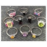 10 Sterling Silver Rings W/stones, Tw 27.8g, Sz