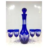 Bohemian Cobalt Cut To Clear Wine Decanter w/ 4