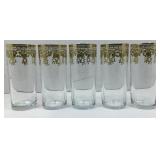 Set of 5 tall drinking glasses with fancy gold