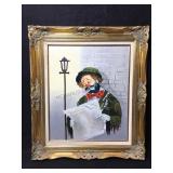 Oil painting of a clown standing by a lamp post