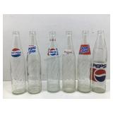 6 glass Pepsi-Cola bottles, original, diet &