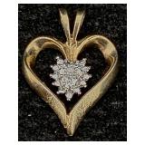 10k Gold Heart Pendant W/diamond, Tw 2.3g, Sz 1in