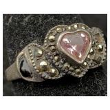 Sterling Silver Heart Ring W/pink & Black Stones,