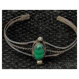 Sterling Silver Bracelet W/malachite, Tw 9.6g, Sz