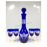 Bohemian Cobalt Cut To Clear Wine Decanter w/ 4