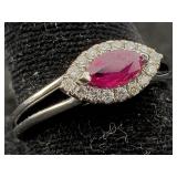 18k White Gold Ring W/ruby & Diamond, .55ct, .16ct