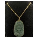 10k Gold W/jadeite Asian Pendant. Tw 98.8g, Sz 3in