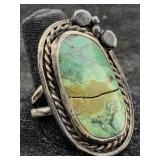 Sterling Silver Ring W/green Stone, Tw 13.2g, Sz 9