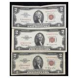 3-$2 Us Dollar Red Notes, 1953, 1953c & 1963