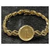 14k Gold Bracelet W/1/10oz Gold Coin, Tw 13.2g,