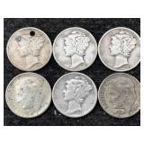6 Silver Dimes Incl. Mercury & Roosevelt, 1940 To