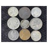 5 Silver Dimes, 3 Buffalo Nickels & Wheat Penny