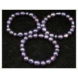 3 Purple Colored Pearl Bracelet, Tw 72g, Sz 7in