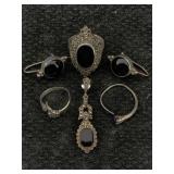 Sterling Silver Rings & Earrings W/onyx, Tw 18.9g,