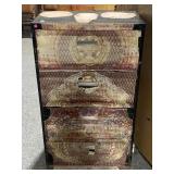 Black metal file cabinet w/pattern print, approx
