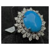 14k White Gold Ring W/turquoise & Diamond, 7.72ctw