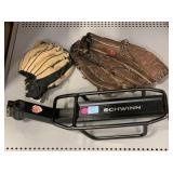 2 Baseball Gloves and Bike Carry Rack.