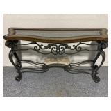 Glass top and wood hall table w/Metal legs,