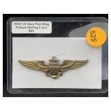 Ww2 Us Navy Pilot Wing Sterling Pin, Tw 14.2g, Sz