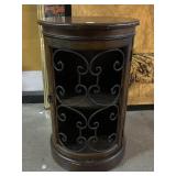 Round wood end table w/metal door, approx 19x31in